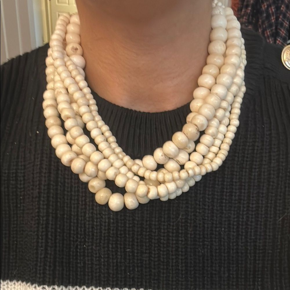Vtg Monies Gerda Lynggaard Statement Cream Beaded Necklace 5 Strand Carved Hook